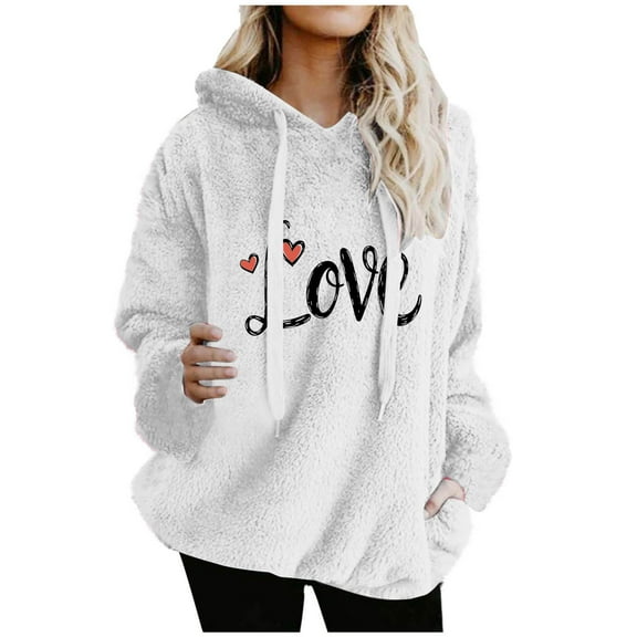 Womens Fuzzy Fleece Hoodies Oversized Sherpa Pullover Hoodie with Pockets Fluffy Cute Sweatshirt Outwear, XL White