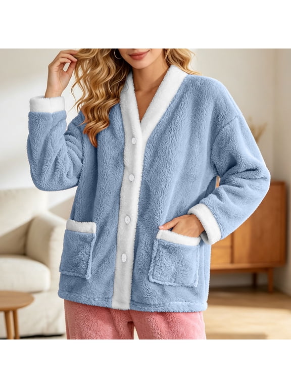 Womens Fuzzy Fleece Jacket Button Down V Neck Contrast Trim Bed Coat with Pockets Cozy Warm Fall Winter Loungewear Outerwear