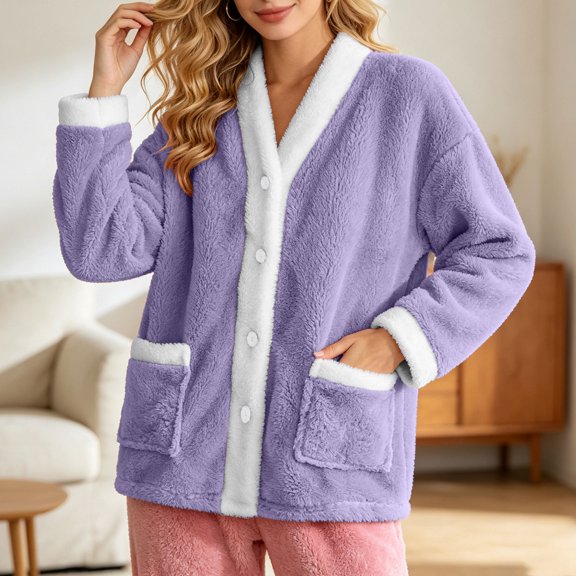 Womens Fuzzy Fleece Jacket Button Down V Neck Contrast Trim Bed Coat with Pockets Cozy Warm Fall Winter Loungewear Outerwear
