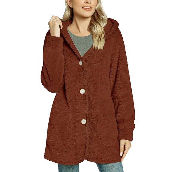Womens Fuzzy Jacket Fall Winter Sherpa Jacket Open Front Cardigan Outerwear with Pockets Orange, L