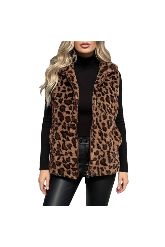 Womens Fuzzy Jacket Lightweight Leopard Print Vest Cozy Sleeveless Cardigan Zipper Waistcoat Outerwear with Pocket Khaki XL