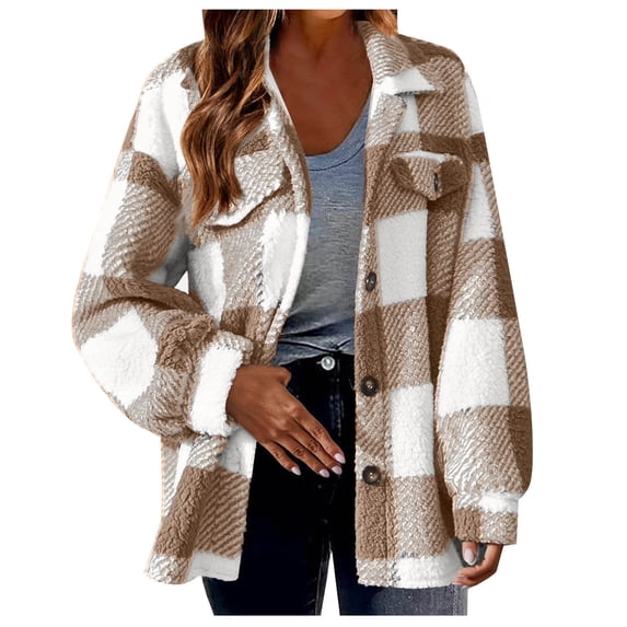 Womens Fuzzy Fleece Jacket Open Front Button Cardigan Shirts Outerwear Warm Shacket Trendy Teddy Coats Fall Jackets for Woman Brown S