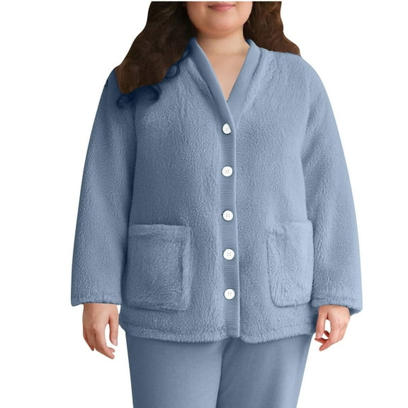 Womens Fuzzy Fleece Jacket Pajama Tops Plus Size V-Neck Button Down Plush Sleepwear Long Sleeve Warm Winter Coats