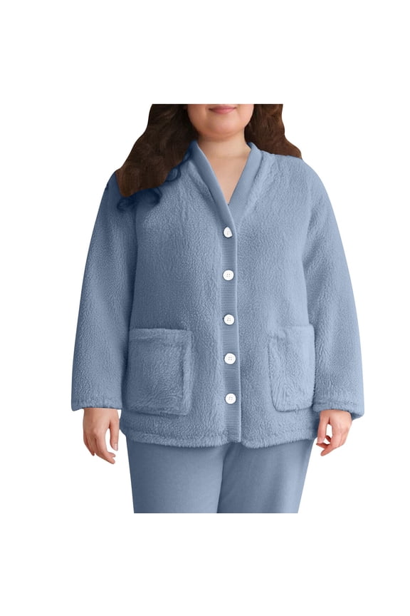 Womens Fuzzy Fleece Jacket Pajama Tops Plus Size V-Neck Button Down Plush Sleepwear Long Sleeve Warm Winter Coats