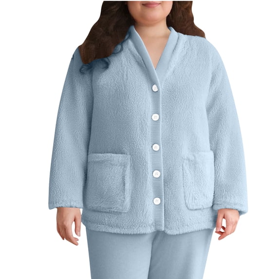 Womens Fuzzy Fleece Jacket Pajama Tops V-Neck Button Down Sleepwear Long Sleeve Plush Warm Winter Coat with Pockets