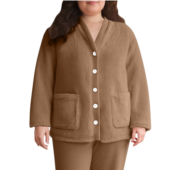 Womens Fuzzy Fleece Jacket Pajama Tops V-Neck Button Down Sleepwear Long Sleeve Plush Warm Winter Coat with Pockets