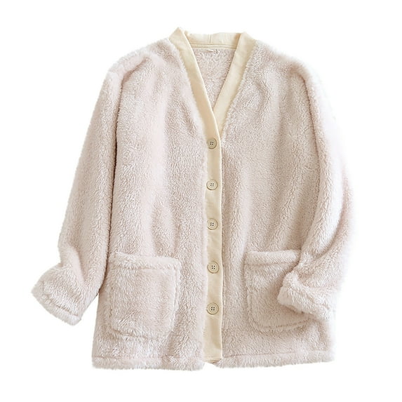 Womens Fuzzy Fleece Jacket Pajama Tops V-Neck Button Down Sleepwear Long Sleeve Plush Warm Winter Coat with Pockets