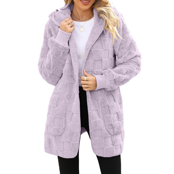 Womens Fuzzy Fleece Jacket Plaid Open Front Cardigan Coat Long Sleeve Hoodie Warm Fall Winter Jackets with Pockets
