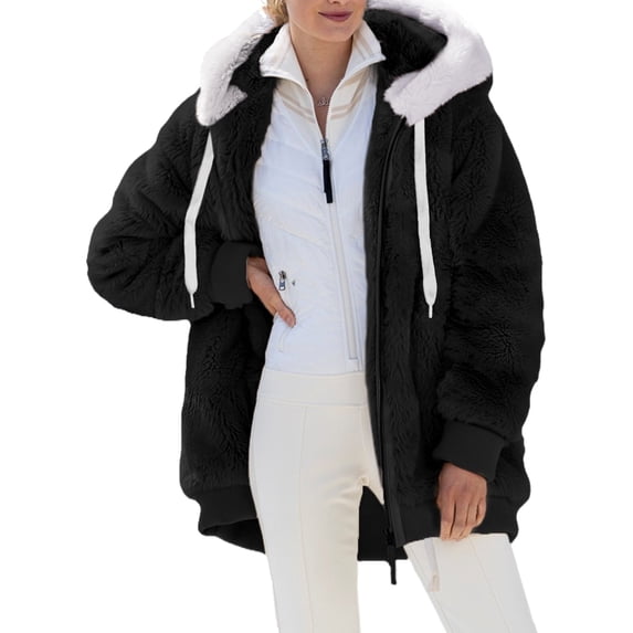 Womens Fuzzy Fleece Jacket Shacket Hooded Color Block Patchwork Cardigan Coats Outerwear with Pockets S Black Female