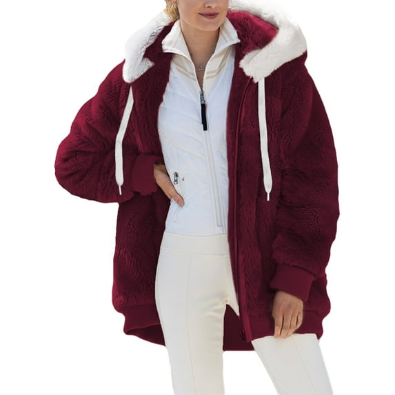 Womens Fuzzy Fleece Jacket Shacket Hooded Color Block Patchwork Cardigan Coats Outerwear with Pockets S Red Female