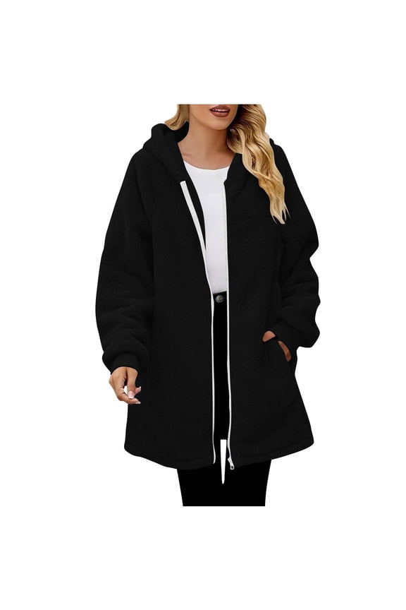 Womens Fuzzy Fleece Jacket Sherpa Full Zip Up Hooded Long Coats Casual Loose Winter Warm Outerwear