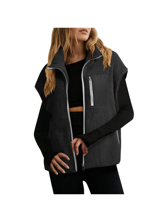 Womens Fuzzy Fleece Jacket Vest Sleeveless Zip-Up Sherpa Jackets Oversized Fall Winter Casual Coats with Chest Pocket Black, 2XL