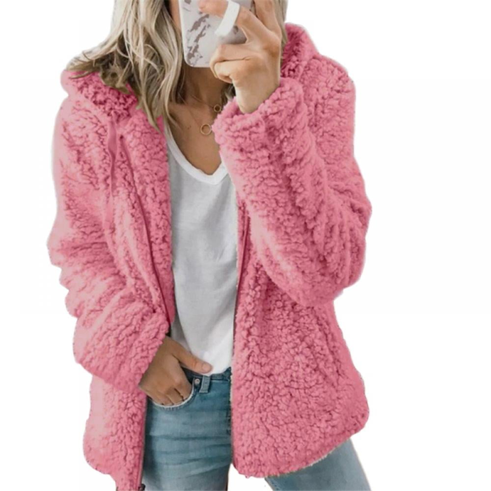 Womens Fuzzy Fleece Jacket Zip Up Oversized Winter Warm Hooded