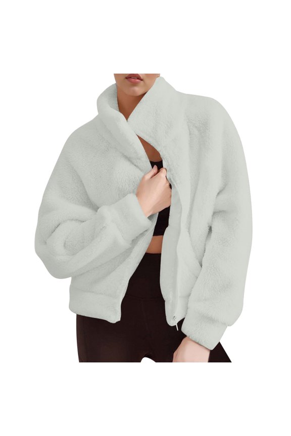 Womens Fuzzy Fleece Jacket Zip Up Stand Collar Sherpa Coats Casual Winter Warm Fluffy Faux Fur Outwear with Pockets