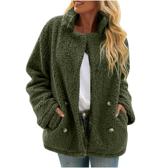 Womens Fuzzy Fleece Jackets Stand Collar Long Sleeve Outwears Top Solid Color Fall Warm Faux Button Coat Winter Cozy Plush Clothings With Pockets