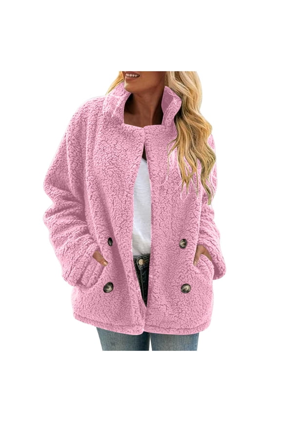 Womens Fuzzy Fleece Jackets Stand Collar Long Sleeve Outwears Top Solid Color Fall Warm Faux Button Coat Winter Cozy Plush Clothings With Pockets