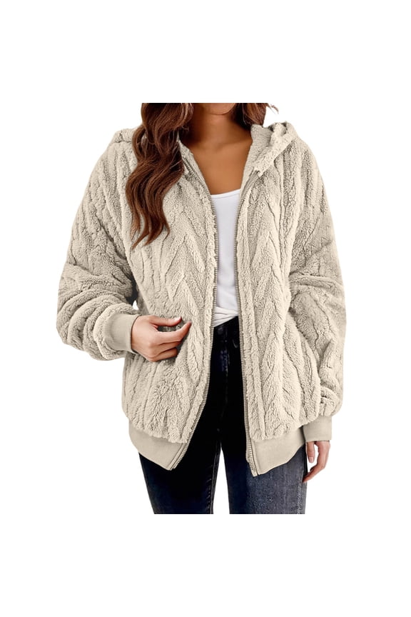 Womens Fuzzy Fleece Jackets, Zip up Long Sleeve Hoodie, Warm Casual Cozy Coat Outerwear Winter