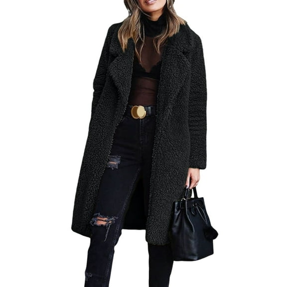 Womens Fuzzy Fleece Lapel Open Front Long Cardigan Coat Faux Fur Warm Winter Outwear Jackets Black XXL