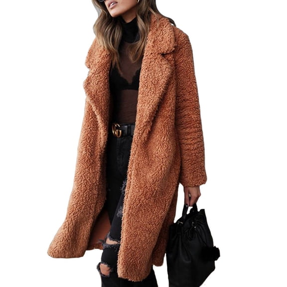 Womens Fuzzy Fleece Lapel Open Front Long Cardigan Coat Faux Fur Warm Winter Outwear Jackets Caramel L