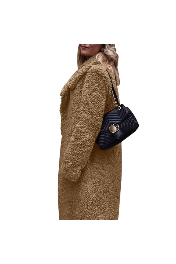 Womens Fuzzy Fleece Lapel Open Front Long Cardigan Coat Faux Fur Warm Winter Outwear Jackets Deep Camel M