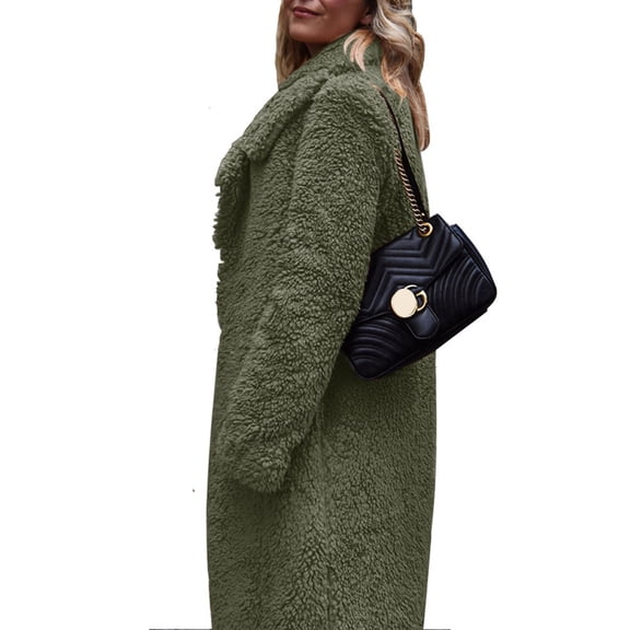 Womens Fuzzy Fleece Lapel Open Front Long Cardigan Coat Faux Fur Warm Winter Outwear Jackets Green L