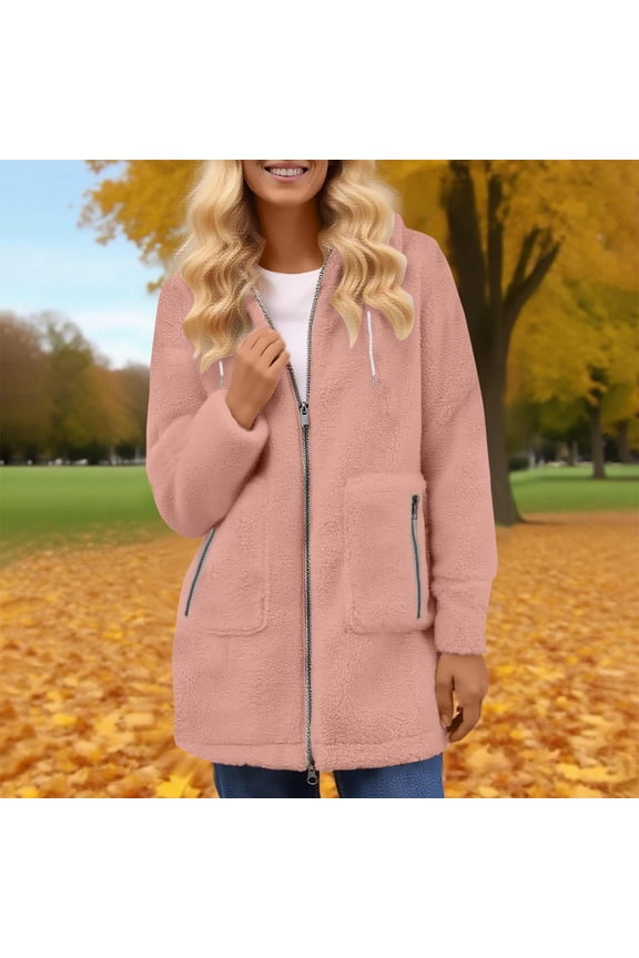 Womens Fuzzy Fleece Long Jackets Full Zip up Long Sleeve Hooded Coats Winter Fashion Warm Outerwear with Pockets New Oversized Jacket for Women Lightweight Pinky S
