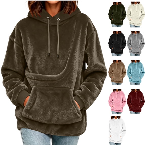 Womens Fuzzy Fleece Long Sleeve Pet Carrier Hoodie Oversized Kangaroo Pouch Pullover Cozy Warm Sweatshirts for Dog Cat Animal Lovers, Brown, XL