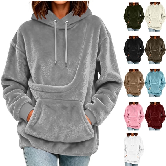 Womens Fuzzy Fleece Long Sleeve Pet Carrier Hoodie Oversized Kangaroo Pouch Pullover Cozy Warm Sweatshirts for Dog Cat Animal Lovers, Gray, XL