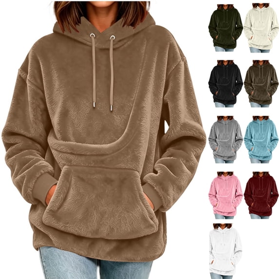 Womens Fuzzy Fleece Long Sleeve Pet Carrier Hoodie Oversized Kangaroo Pouch Pullover Cozy Warm Sweatshirts for Dog Cat Animal Lovers, Khaki, S