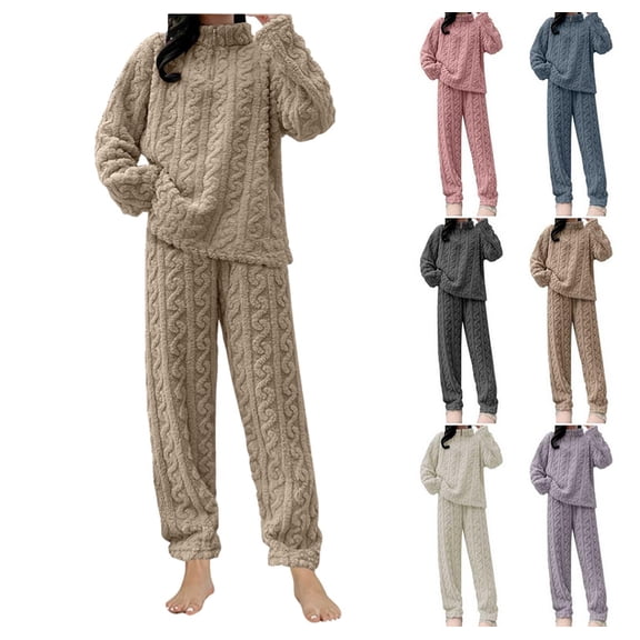 Womens Fuzzy Fleece Pajamas Set 2Pcs Winter Warm Quarter Zip Long Sleeve Tops Elastic Waist Pants Jacquard Loungewear Khaki One Size