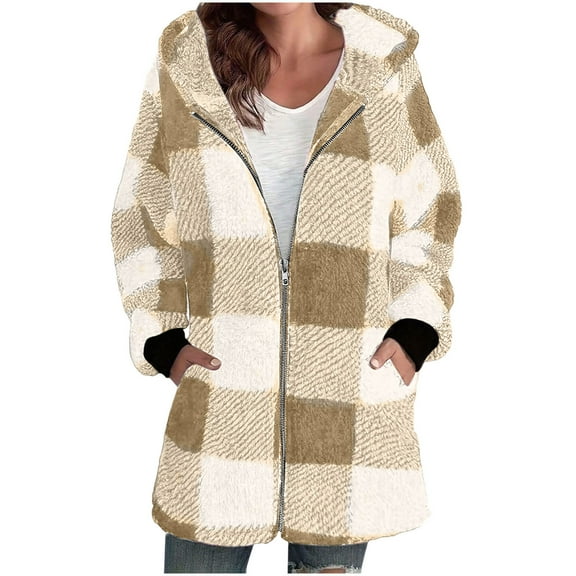 Womens Fuzzy Fleece Plaid Jacket Sherpa Full Zip Up Hooded Long Coats Casual Loose Winter Warm Outerwear with Pockets