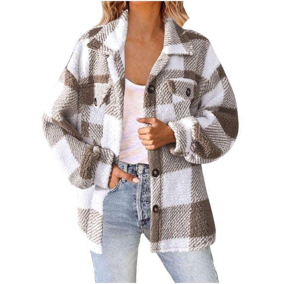 Womens Fuzzy Fleece Plaid Jackets Casual Long Sleeve Button Down Sherpa Coat Fall Winter Outerwear with Pockets