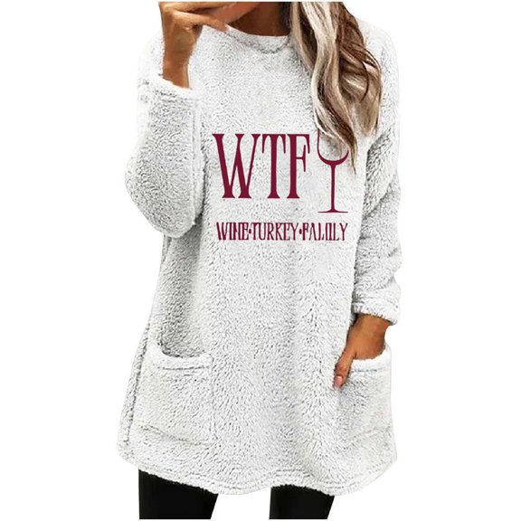 Womens Fuzzy Fleece Pullover Sherpa Sweatshirt Winter Warm Loose Crew Neck Graphic Long Sleeve Pockets Plush Tops (White 3XL)