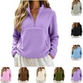 thumbnail image 1 of Womens Fuzzy Fleece Quarter Zip Pullover Sherpa Mockneck Sweatshirts Mock Neck Pullover Sweatshirts, Fluffy Sweatshirts with Zipper Pockets, Warm Fall Winter Jacket, Travel Purple XL, 1 of 8