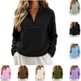 thumbnail image 1 of Womens Fuzzy Fleece Quarter Zip Pullover Sherpa Mockneck Sweatshirts Mock Neck Pullover Sweatshirts, Fluffy Sweatshirts with Zipper Pockets, Warm Fall Winter Jacket, Travel Black XL, 1 of 8