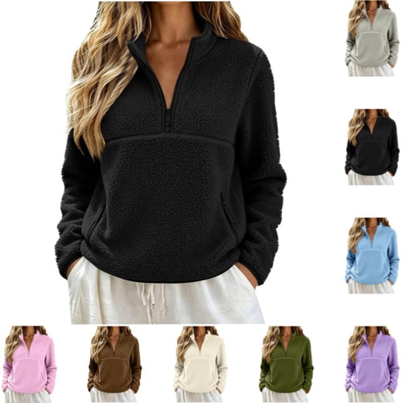 Womens Fuzzy Fleece Quarter Zip Pullover Sherpa Mockneck Sweatshirts Mock Neck Pullover Sweatshirts, Fluffy Sweatshirts with Zipper Pockets, Warm Fall Winter Jacket, Travel Black XL