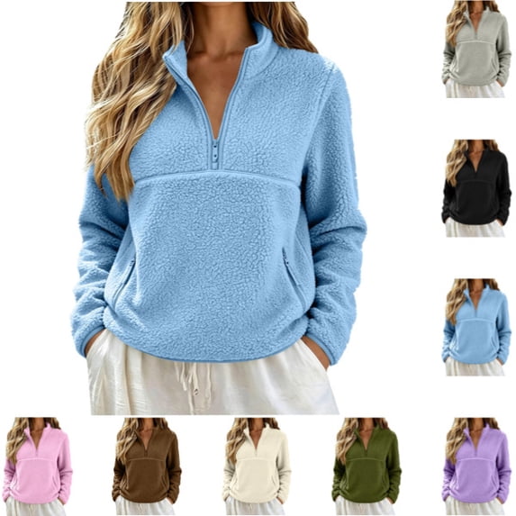 Womens Fuzzy Fleece Quarter Zip Pullover Sherpa Mockneck Sweatshirts Mock Neck Pullover Sweatshirts, Fluffy Sweatshirts with Zipper Pockets, Warm Fall Winter Jacket, Travel Sky Blue XL
