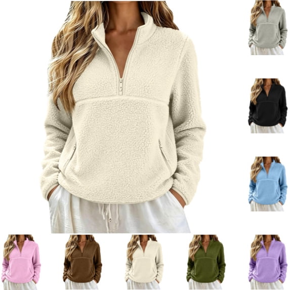 Womens Fuzzy Fleece Quarter Zip Pullover Sherpa Mockneck Sweatshirts Mock Neck Pullover Sweatshirts, Fluffy Sweatshirts with Zipper Pockets, Warm Fall Winter Jacket, Travel Beige M