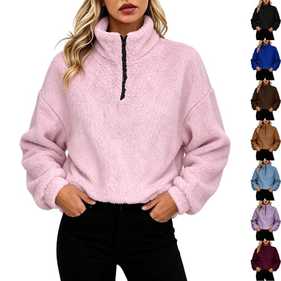 Womens Fuzzy Fleece Quarter Zip Sweatshirt Oversized Long Sleeve Pullover Cozy Sherpa Sweater with Pockets for Fall Winter Lounge Wear, Pink, S