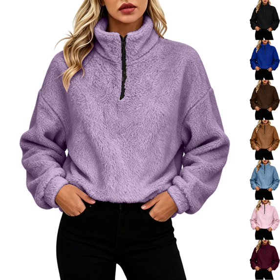 Womens Fuzzy Fleece Quarter Zip Sweatshirt Oversized Long Sleeve Pullover Cozy Sherpa Sweater with Pockets for Fall Winter Lounge Wear, Purple, XL