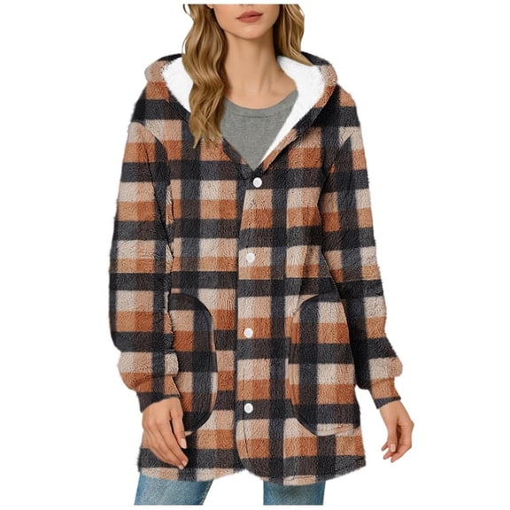 Womens Fuzzy Fleece Sherpa Jacket Casual Long Sleeve Hooded Loose Plaid Coat Button Down Solid Color Lightweight Winter Warm Outerwear
