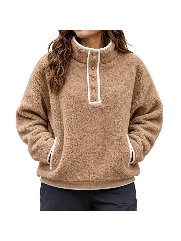 Womens Fuzzy Fleece Solid Color Casual Jackets Winter Warm Pullover Tops with Pockets,S
