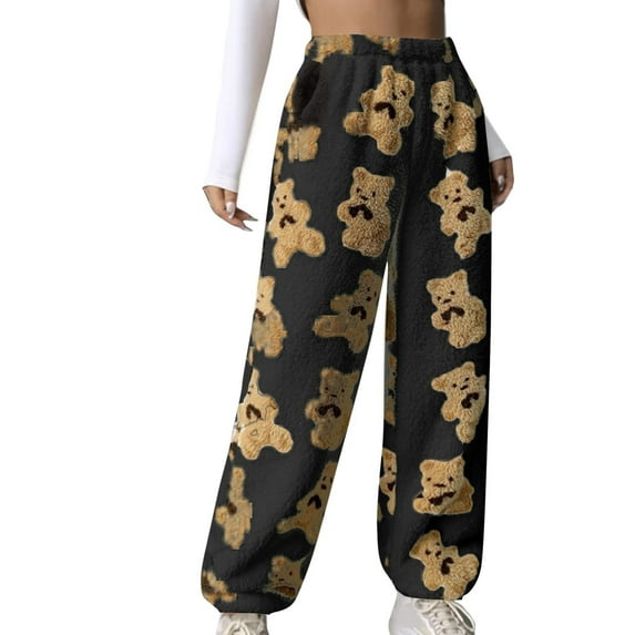 Womens Fuzzy Fleece Sweatpants Cute Bear Warm Jogger Athletic Loungewear for Ladies Comfy Soft Plush Pajama Pants with Pockets