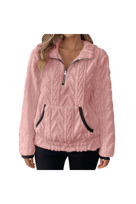 Womens Fuzzy Fleece Sweatshirts Solid Color Pullover Sherpa Lapel Sweatshirt Long Sleeve Half Zip Sweater Winter Fleece Jacket with Pockets