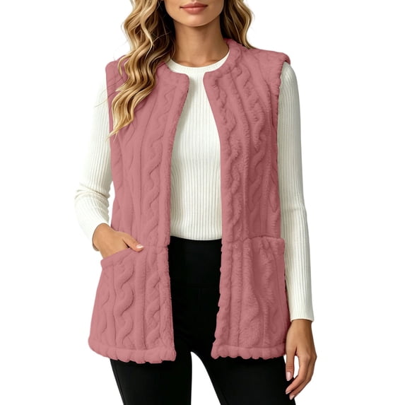 Womens Fuzzy Fleece Vest Cute Open Front Crewneck Sleeveless Jackets Pockets Fall Winter Casual Outerwear Pink L
