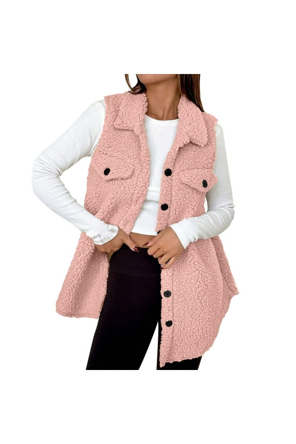 Womens Fuzzy Fleece Vest Jackets Casual Lapel Button Down Sleeveless Sherpa Coat Fall Winter Outerwear with Pockets