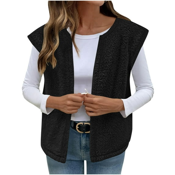 Womens Fuzzy Fleece Vest Open Front Crew Neck Sleeveless Sherpa Jacket Fall Winter Casual Cozy Outwear with Pocket