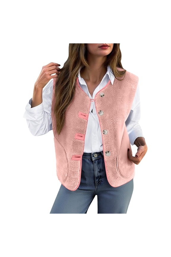 Womens Fuzzy Fleece Vest Sleeveless Button Down Fall Sherpa Jacket Winter Warm Old Money Outerwear with Pockets