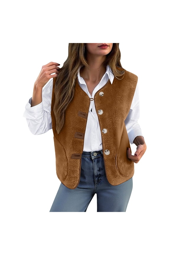 Womens Fuzzy Fleece Vest Sleeveless Button Down Fall Sherpa Jacket Winter Warm Old Money Outerwear with Pockets