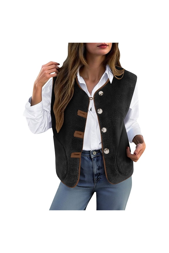Womens Fuzzy Fleece Vest Sleeveless Button Down Fall Sherpa Jacket Winter Warm Old Money Outerwear with Pockets